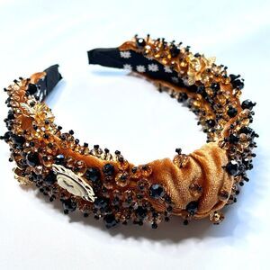 Statement Velvet Rich Amber Beaded Headband w/ Gold Cameo & Gem Embellishment